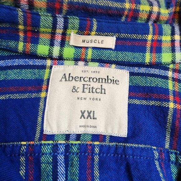 Abercrombie & Fitch Flannel Shirt Mens XXL 2XL Plaid Blue Colorful Muscle Cotton - Picture 5 of 11